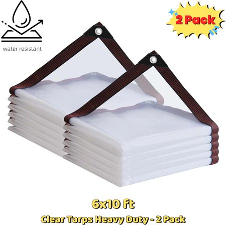 Clear Tarps with Grommets 6x10ft Heavy Duty Waterproof Tarp Cover Transparent Polyethylene Vinyl Tarpaulin for Outdoor Plant Garden Chicken Coop Patio Cat Litter (2 Pack)