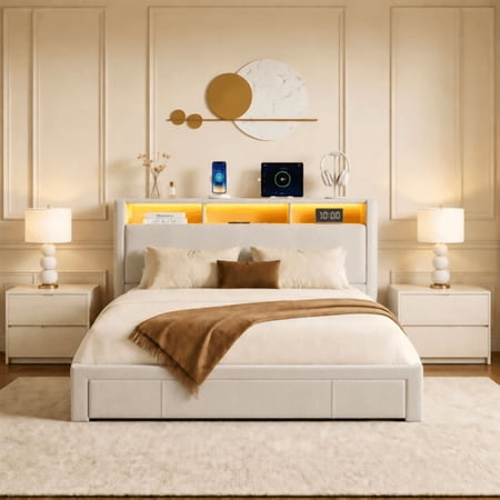 Full Size Corduroy Platform Bed Frame with Storage Drawers, Upholstered Bed with LED Lights and USB Charging Station, Heavy Duty Metal Slats for Bedroom, No Box Spring Needed, Beige