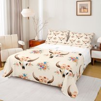 Homewish Skeleton Skull Child Full Size Sheets, Cartoon Rustic Animal Bed Sheets, Tribal Western Theme Sheet Sets, Ultra Soft Bedroom Decor, 4pcs