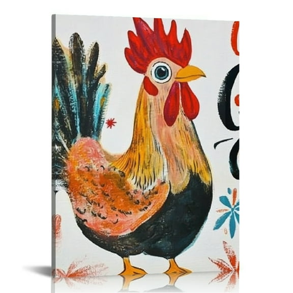 Creowell Rooster Chickens Folk Art Canvas Print Wall Art 12x16 12x16in