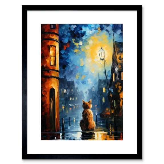A Street Cat Named Desire Palette Knife Oil Painting Ginger Cat Village Night Artwork Framed Wall Art Print 9X7 Inch