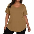 thumbnail image 2 of WTOBBY Women's Plus Size Casual Solid Color V-Neck Short Sleeve Pocket T-Shirt Top, Comfortable and Versatile Fit for Everyday Summer Wear,Light Brown 3XL, 2 of 5