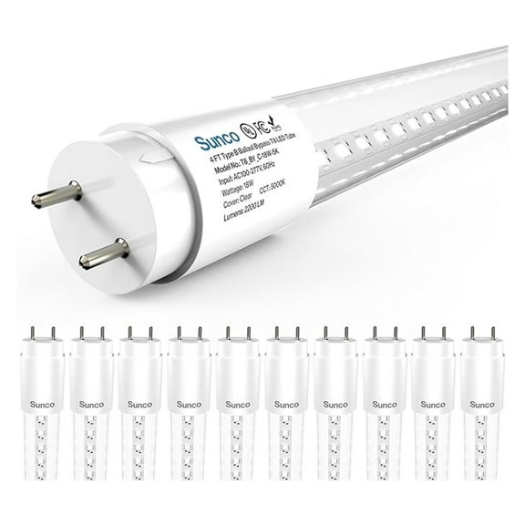Sunco 10 Pack T8 LED Bulbs 4 Foot, Tube Light Bulbs Ballast Bypass, Inch Fluorescent Replacement, 2200 LM, 18W, 5000K Daylight, Single Ended Power, Type B, Clear Lens UL