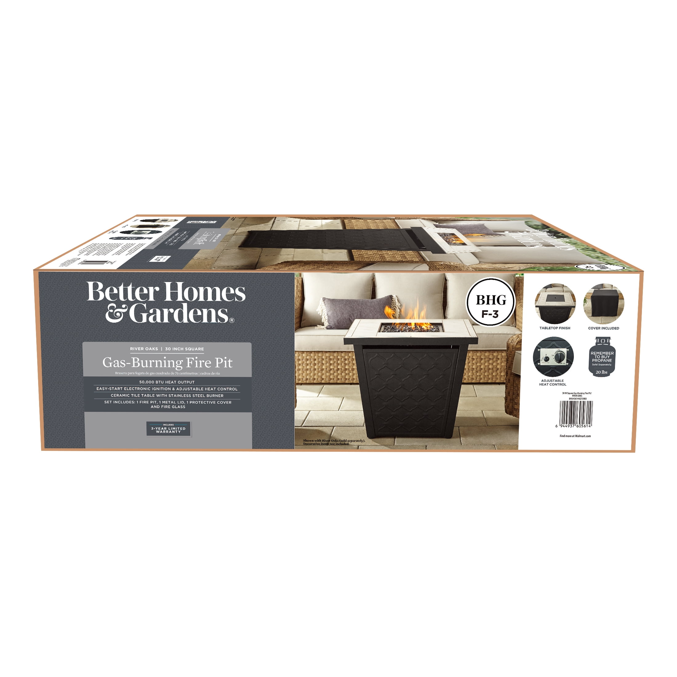 Better Homes & Gardens River Oaks 30  Square Tile Top Gas Fire Pit Table with 50,000 BTU