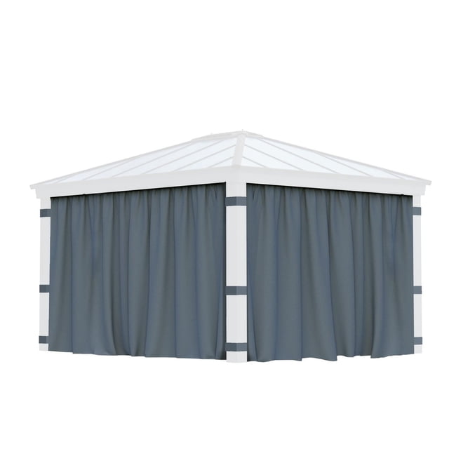 Dark gray CANOPIA by PALRAM shade curtains fitted on a white 12 ft. x 14 ft. Dallas gazebo frame for outdoor sun protection.