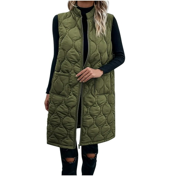 vdgthytj Womens Winter Long Puffer Vest Sleeveless Zip up Collarless Lightweight Quilted Vest Outwear with Pockets