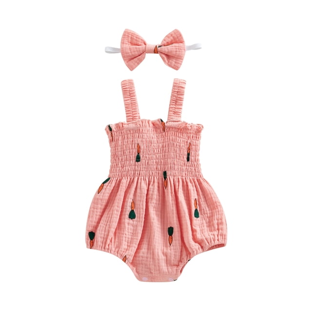 SUNSIOM Bébé Filles 2Pcs Tenues d'Été, Robe Romper Cerise/carotte/arbre Imprimé Romper Robe Froissée Combinaisons avec Bandeau
