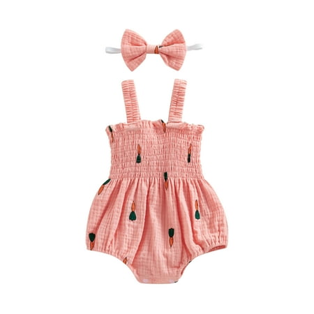 

MissiMae Baby Girl Summer Outfits Sleeveless Cherry/Carrot/Tree Print Romper with Headband 2Pcs 0-18M