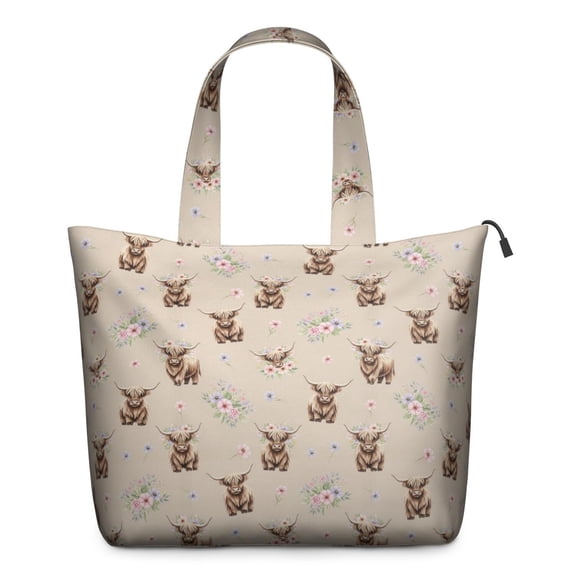 Beige Highland Cow Flower Pattern Travel Tote Bags for Women Carry On,Large Weekender Bags for Women Travel,Multi Functional Duffle Bag for Work,Shopping,Sports