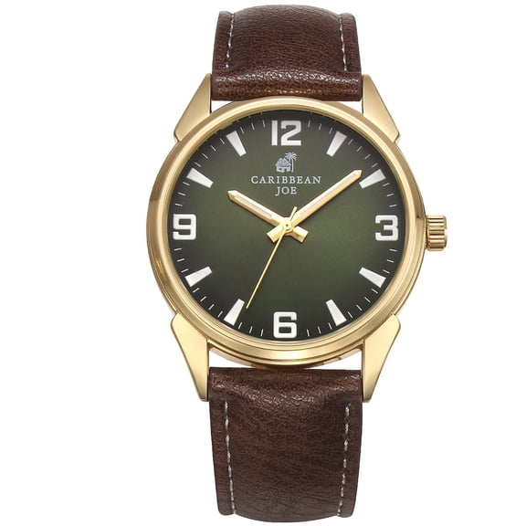 Carribean Joe Men's Analog Watch, Quartz Movement,Gold Round Alloy Case, Decorative Green Sunray Dial,Brown Vegan Leather Strap, Casual Dress Fashion Wrist Watch for Men