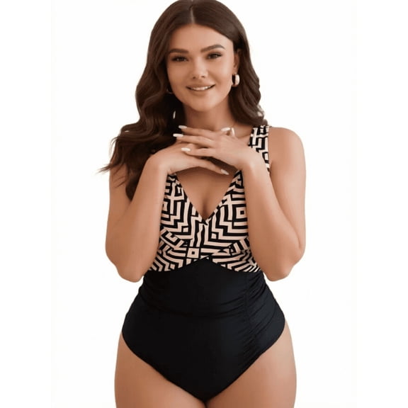 Plus Size Women's Black & White Geometric One Piece Swimsuit – Ruched Waist Bathing Suit