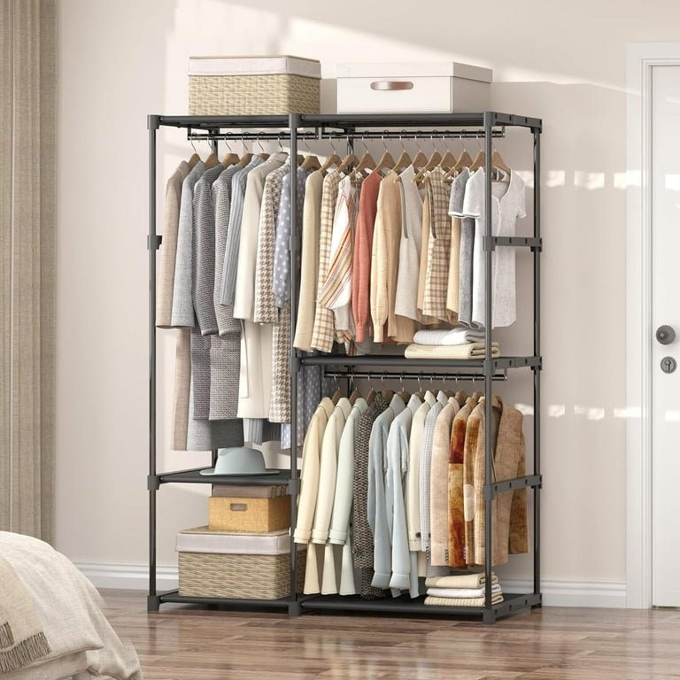 Hanging Rod Storage Organizer Portable Wardrobe Closet With 3 Hanging ...