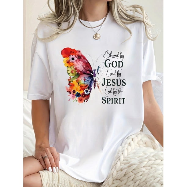 Women's Casual Butterfly Graphic Tee - Comfy Stretchy Polyester Blend, Crew Neck Short Sleeve T-Shirt with Slogan Print, Machine Washable - Perfect for Summer & Spring