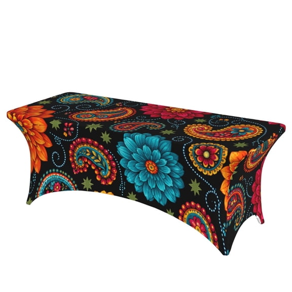 Vibrant Folk Art Floral Pattern Stretch Rectangular Table Cover 6FT Elastic Fitted Tablecloth for Parties, Weddings, Banquets