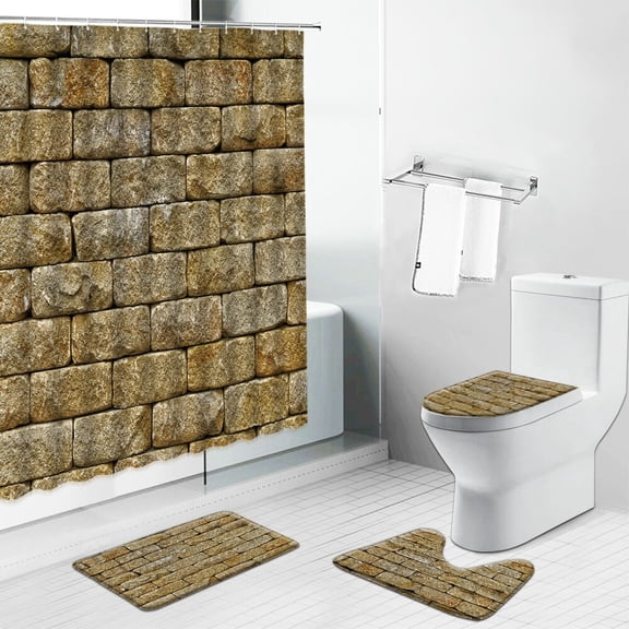 Red Background Stone Wall Waterproof Shower Curtains Geometric Bathroom Decor Set Flannel Non-Slip Bath Mat Toilet Cover Carpet
