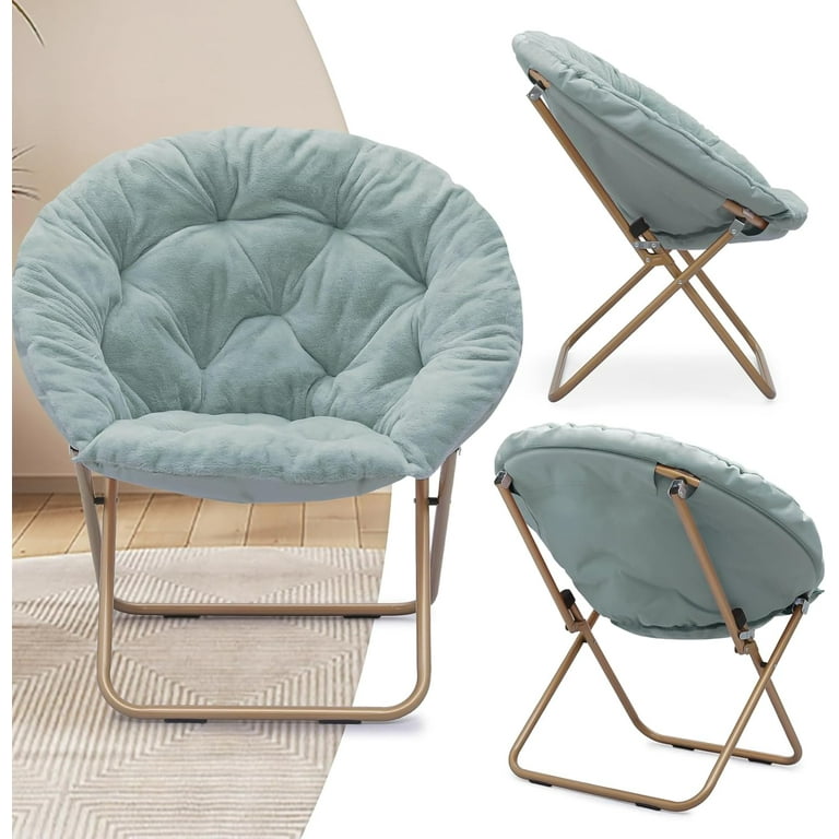SOPTY Round Folding Soft Faux Fur Moon Saucer Chair with Footrest