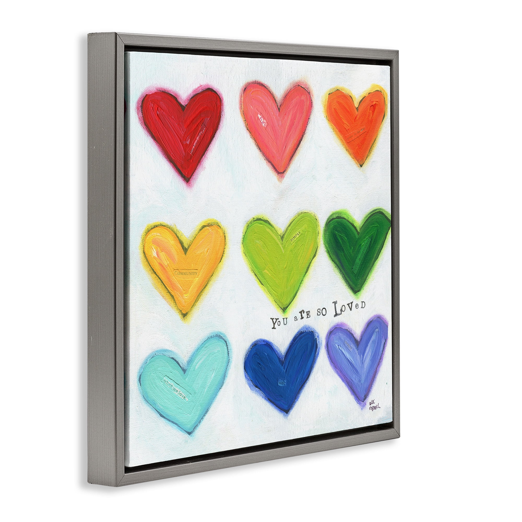Stupell Industries You Are So Loved Rainbow Hearts Inspirational Painting Gray Floater Framed Canvas Art Print Wall Art, 18 x 18