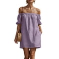 thumbnail image 4 of Kukoosong Women's Off The Shoulder Mini Dress, Short Sleeve Flowy Dress, Casual Summer Beach Sundress, Lightweight Button Up Pocket Loose Fit Dress, 4 of 7