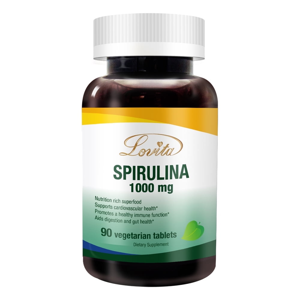 Lovita Natural Spirulina 1000mg, Maximum Strength, Vegan Spirulina Tablets, Natural Multivitamin Superfood, Non-Irradiated, 90 Vegetarian Tablets
