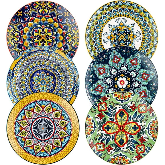 Ceramic Dessert, Salad Plates 8.5 Inch, Small Dinner Plate Set of 6- Serving Dishes for Thanksgiving & Christmas, Dishwasher & Microwave Safe - Bohemian Style