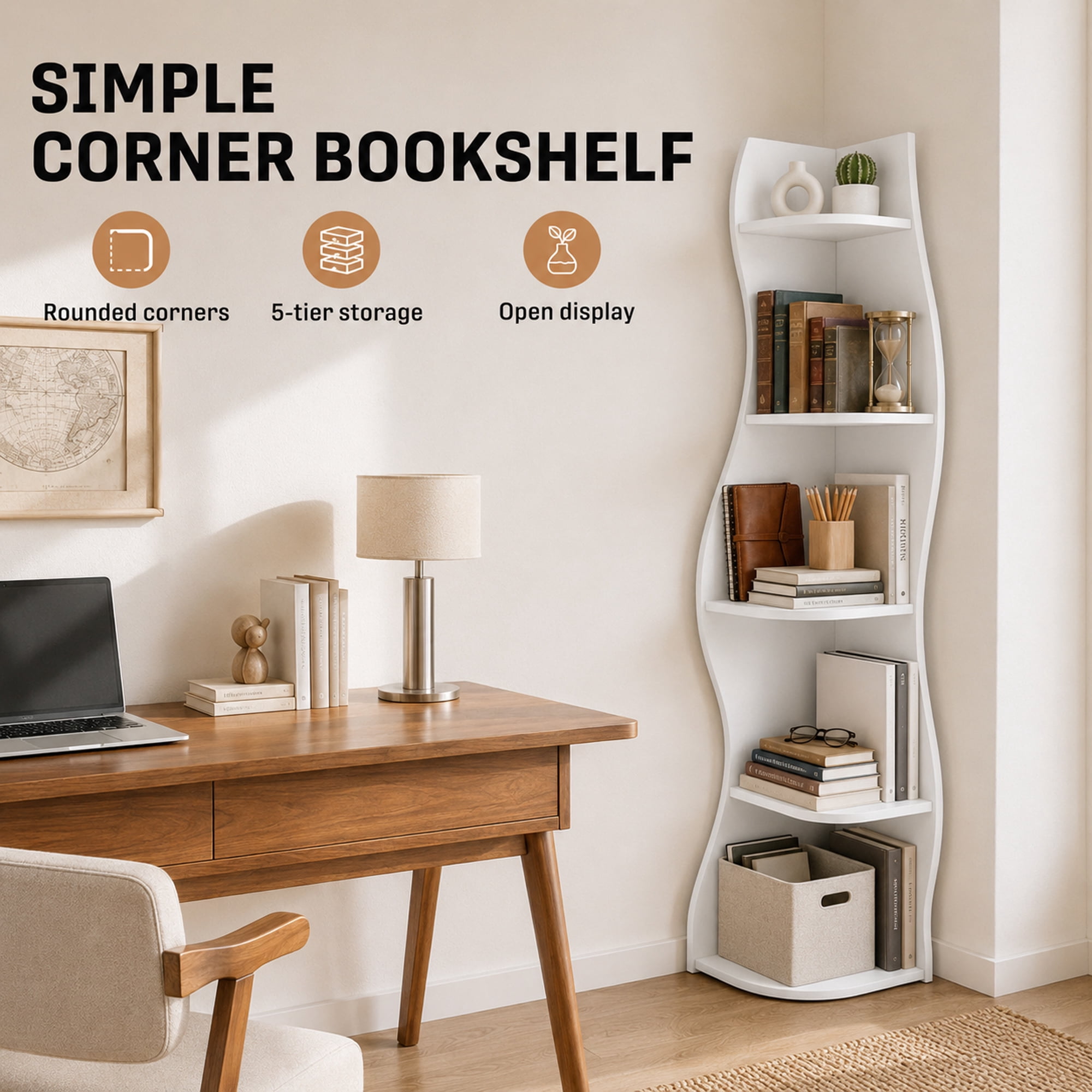 Leumius 5-Tier Bookshelf,Freestanding S-Shaped Corner Shelf Curved Display Rack,Space-Saving Corner Display Bookshelf/Plant Stand for Living Room Home Office,White