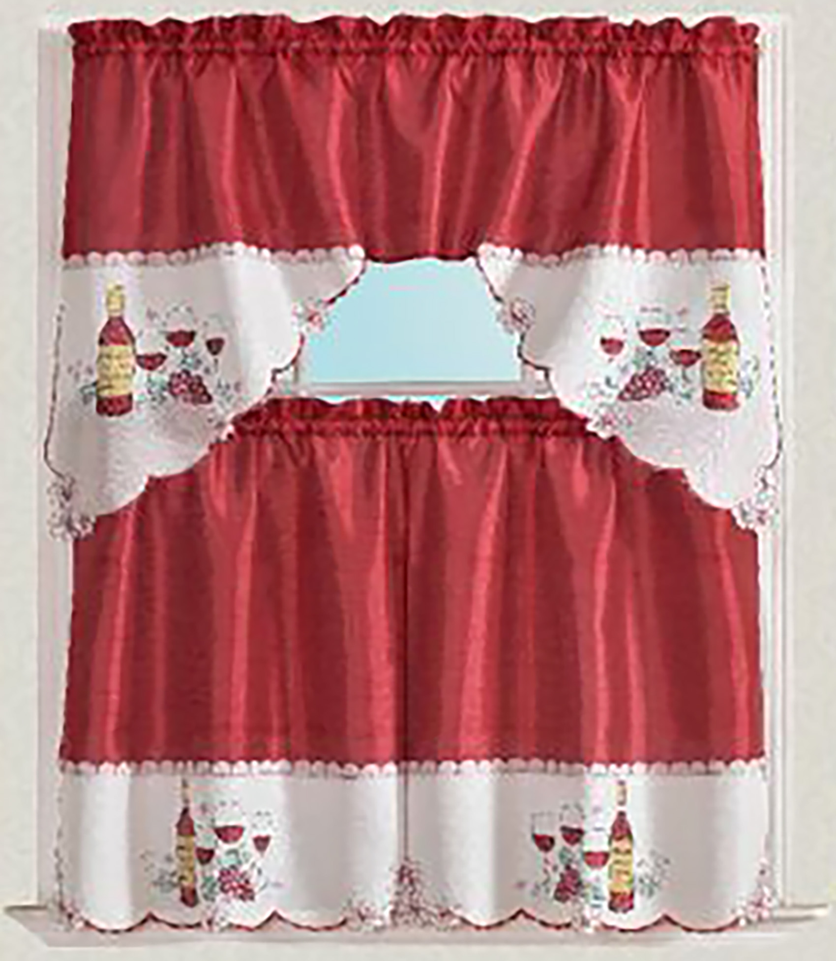 3Piece Embroidered design Wine Cup Kitchen Curtain Set Red