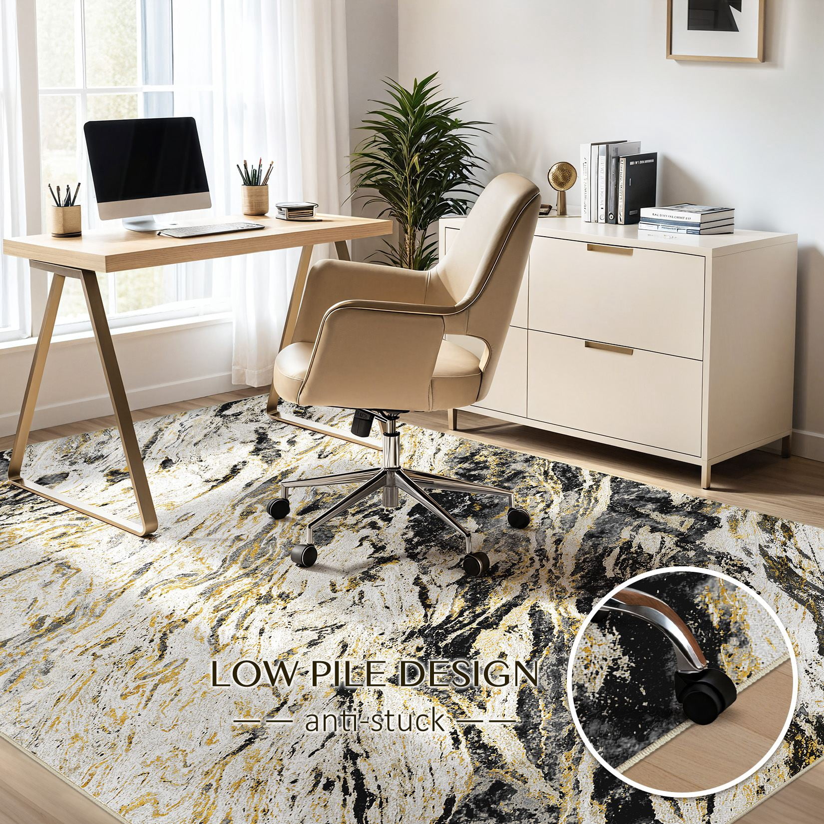 MICGEEK 6x9 Washable Area Rugs for Living Room, Modern Abstract Printed Rug, Vacuum-Friendly, Non Slip Indoor Rug for Bedroom Dining Room Home Decor Carpet, Black/Gold