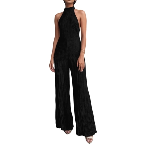 Women'S 2 Piece Outfits Sleeveless Halter Top and Wide Leg Pants Set Black S