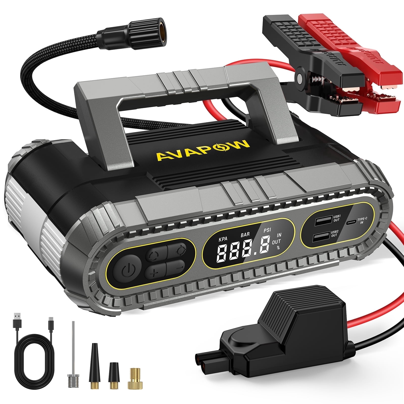 AVAPOW 2000A Jump Starter with Air Compressor, 150PSI Tire Inflator, Portable Car Battery Jump Starter for Up to 8.0L Gas & 6.0L Diesel Engines, 12V Jump Box with USB Power Bank & LED Light
