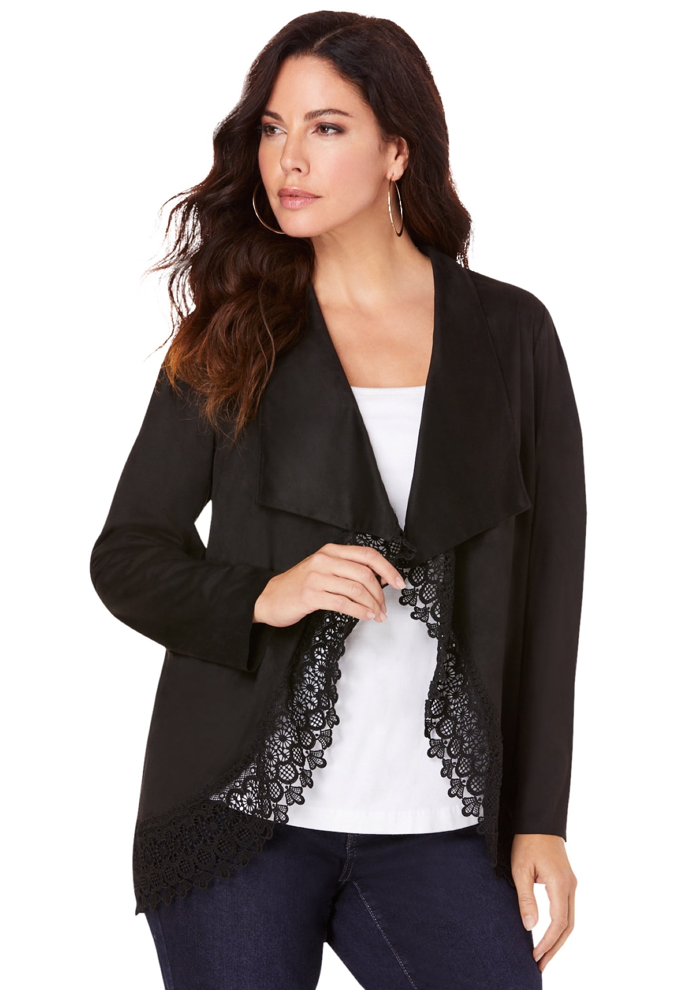 Roaman's Women's Plus Size CrochetTrimmed FauxSuede Jacket