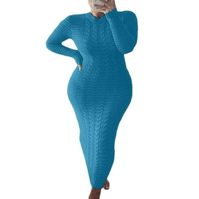 Women Long Sleeve Knitted Dress Crochet Pattern Solid Ribbed Casual Dress