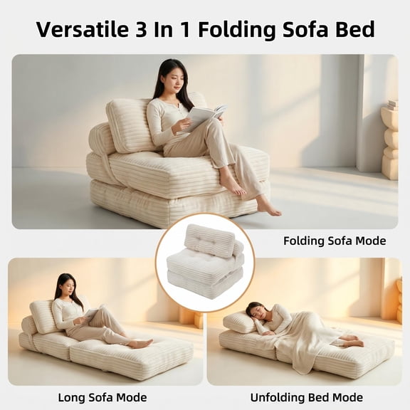 Howcool Corduroy Folding Sofa Bed,3 in 1 Convertible Sleeper Chair with Pillow & Lumbar Pillow,Boneless Floor Sofa Couch Lounge Chair for Living Room Dorm,Beige