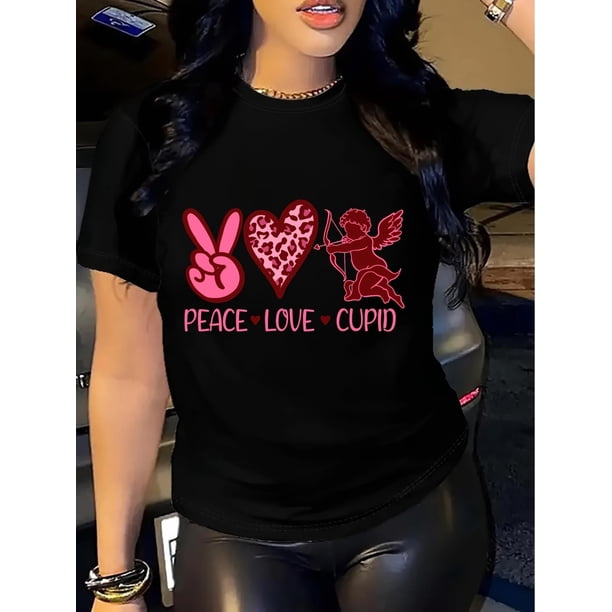 Valentine's Day Love Gesture & Heart Print T-Shirt - Casual Crew Neck, Short Sleeve Top for Women, Breathable Tee For Adult, Men, Women, Teen, Teenager, Adolescent, Youth