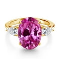 thumbnail image 3 of Gem Stone King 18K Yellow Gold Plated Silver Pink Created Sapphire and Lab Grown Diamond Engagement Ring for Women | 6.70 Cttw | Oval 14X10MM | Gemstone September Birthstone | Size 5, 3 of 6