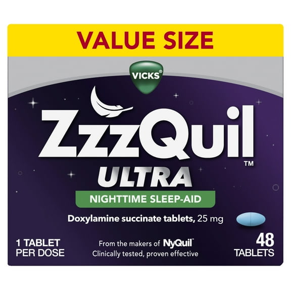 Vicks ZzzQuil Nighttime Sleep Aid Ultra Tablets, Doxylamine 25mg Sleeping Pills, 48 Count