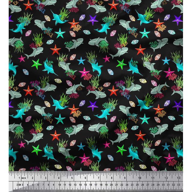 Soimoi Poly Georgette Fabric Coral,Whale & Starfish Ocean Decor Fabric Printed Yard 52 Inch Wide