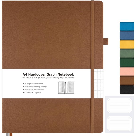 Graph Paper Notebook, Hardcover Notebook 8.5 x 11, Grid Notebook Journal for Women, Men, Large Leather Journals for Writing, Thick Paper, A4 Notebooks for Work, School Supplies, Engineering Brown