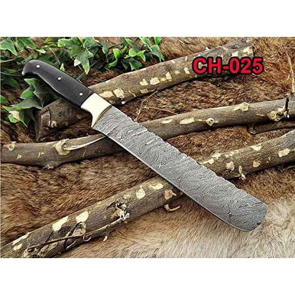 Damascus steel bakery Knife, Kitchen knife, chef knife. 13.5" long custom made full tang 9" blade Bull horn 5" scale with brass bolster