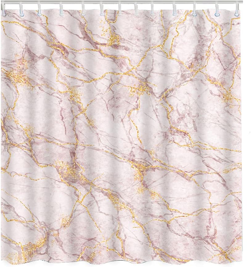 Sonernt White Marble Shower Curtain Gold Glitter and Pink Veins Stone
