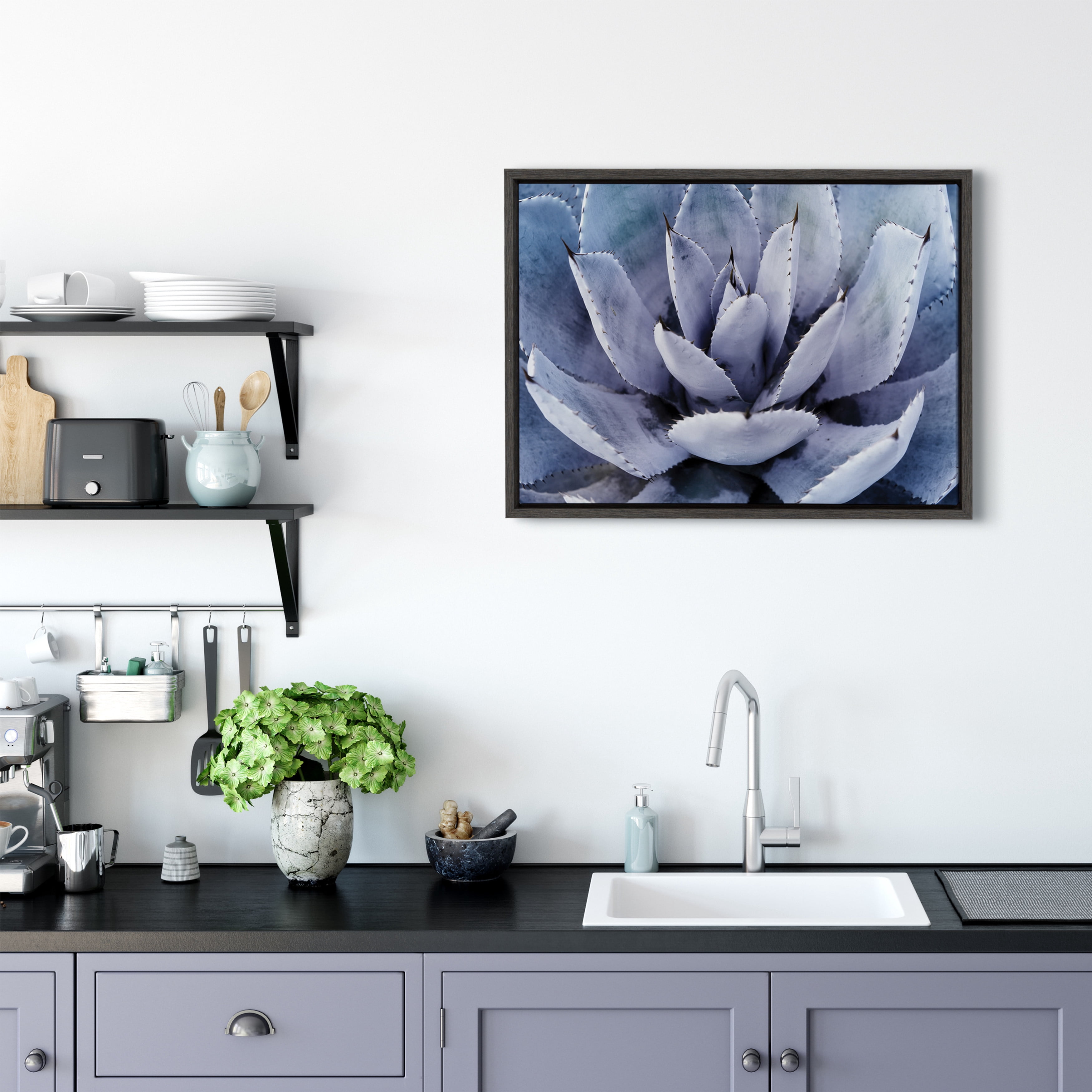 Kate and Laurel Sylvie Violet Cactus Succulent Lavender Purple Framed Canvas Art by Amy Peterson, 18x24 Gray