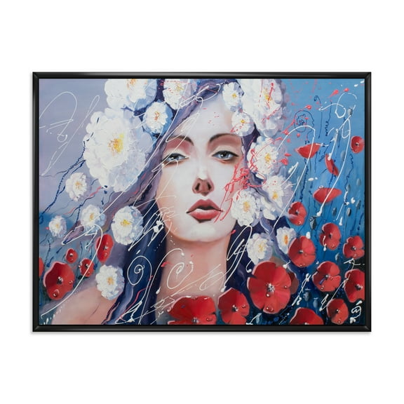 Designart 'Portrait Of A Young Lady With Red & White Flowers' Traditional Framed Canvas Wall Art Print