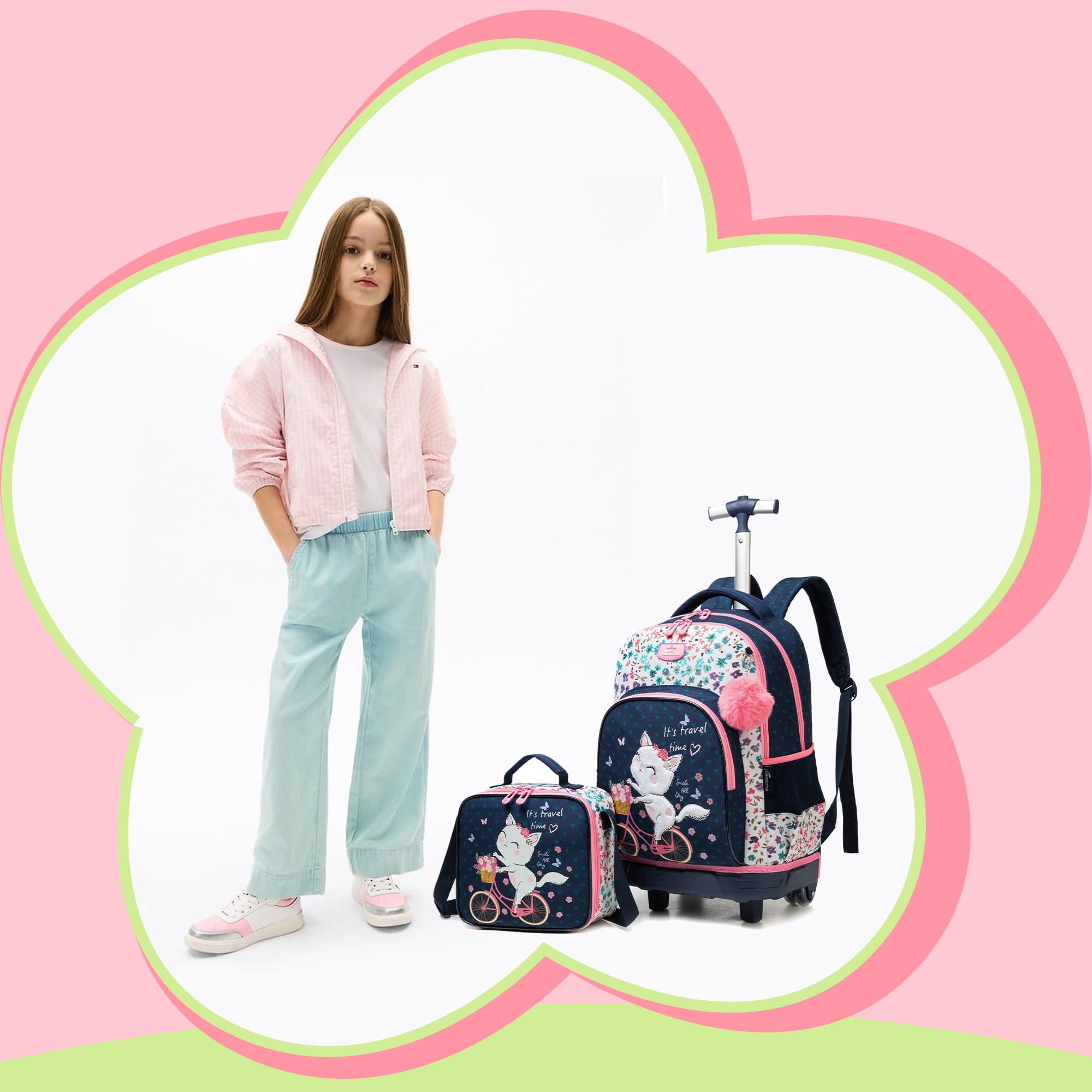 Kids Rolling Backpacks for School Girls with Lunch Box Pencil Case Roller Backpack with Wheels for Elementary Students Ages 8-10