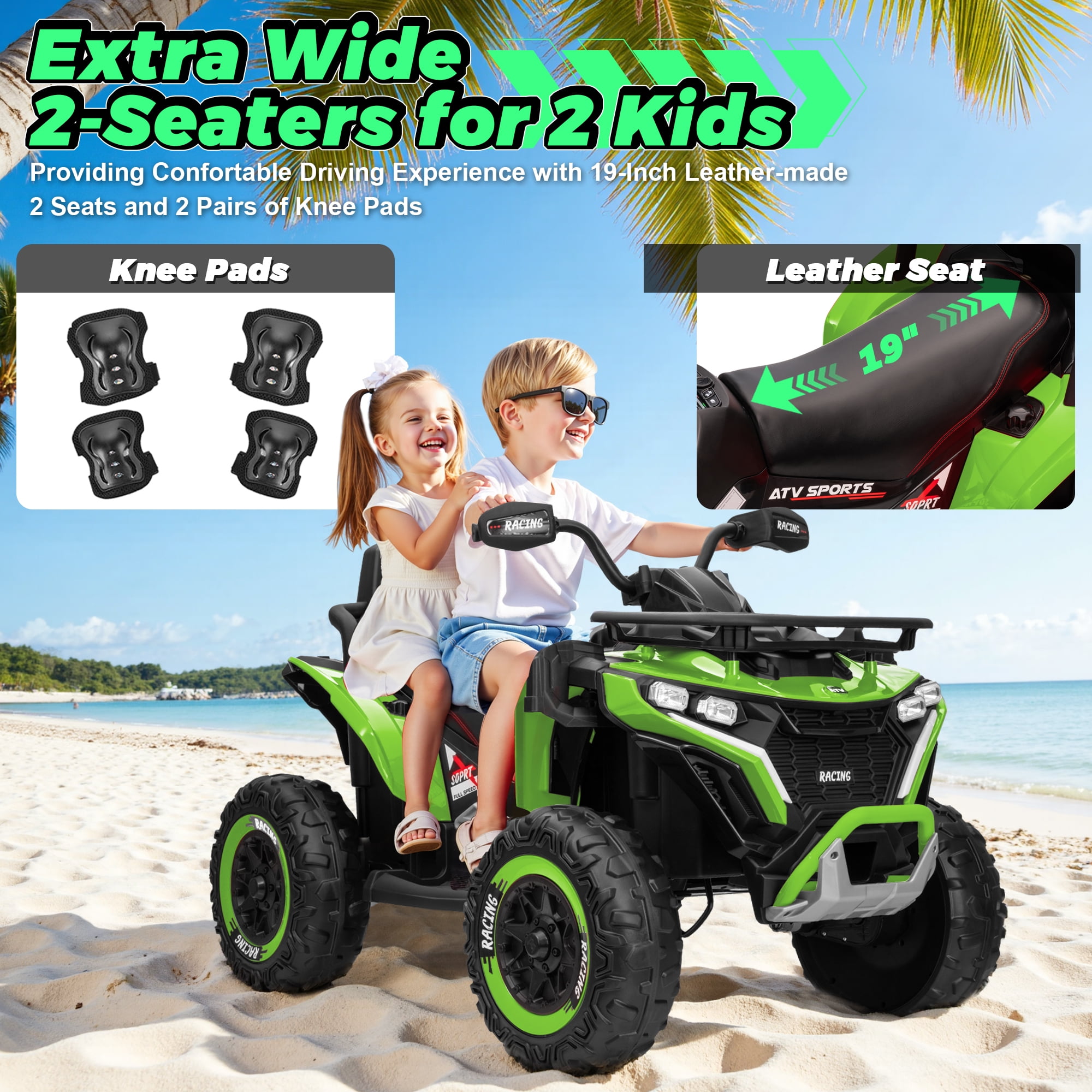 Jorfly 24V Ride on ATV Toys,Power ATV Wheels with Motor, Remote, Bluetooth Music, Horn, LED for Big Kids Gift,Green