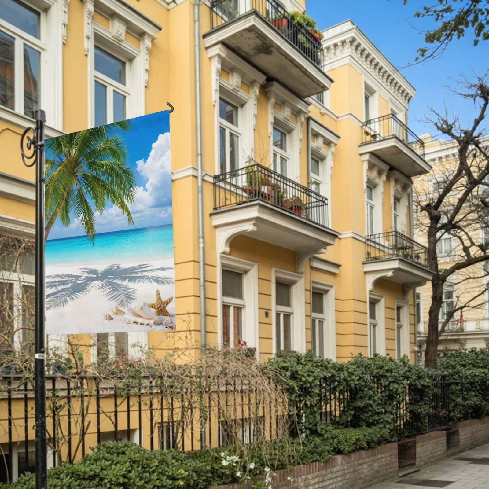 Coastal Beach House Flag 28 x 40 Inches, Starfish Palm Tree Sky Tropical Weather Proof Outdoor Patio Flags Double Sided Small House Decoration for Yard Lawn Outside Home