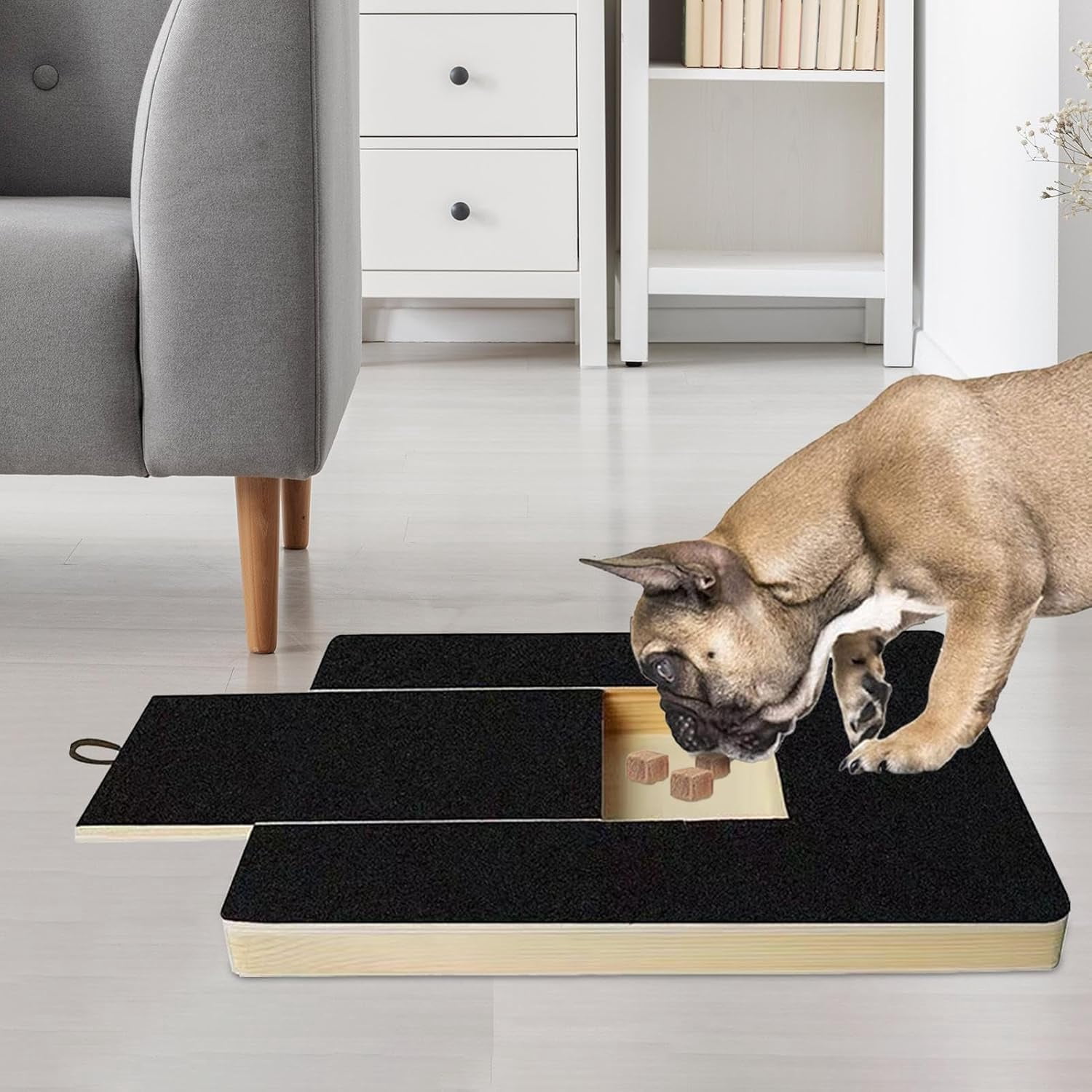 Dog Nail Scratch Board File, Dog Pull-Out Nail Scratchboard Wooden Dail Scratch Boards for Dogs with Built in Snack Box Sandpaper, Ensures of Furniture, Floors, Sofas, Carpets (Black)