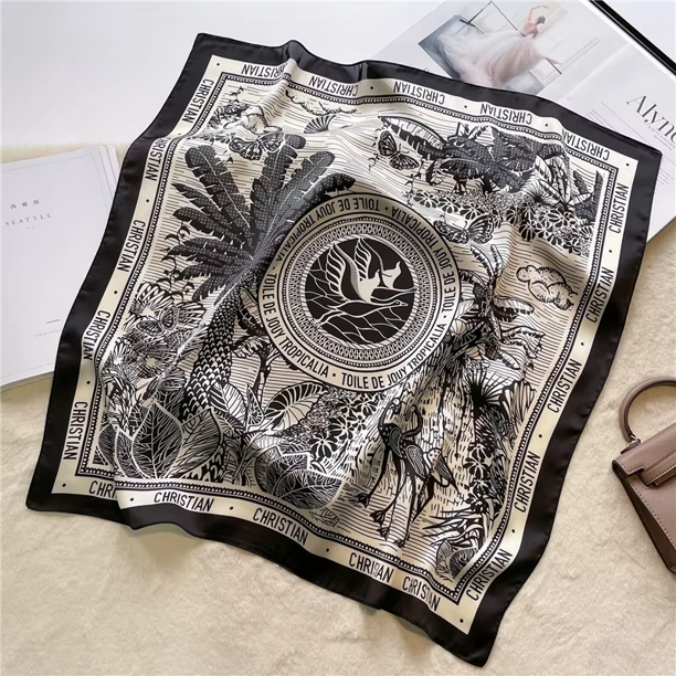 1 Uds. Bufanda cuadrada con estampado de pata de gallo de 70cm para mujer, bufanda de seda de imitación con letras cristianas, pañuelo para la cabeza moderno y versátil