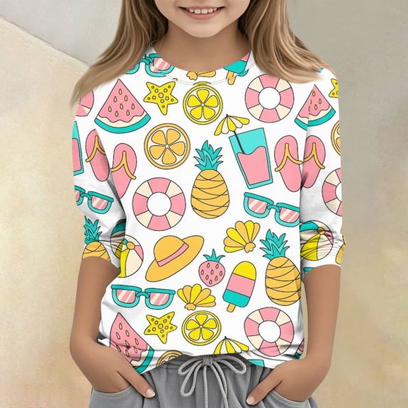 CCRFTGI Cute Shirts for Girls Size 10-12 3/4 Sleeve Fruit Print Clothes for Teen Girls Tee Shirts Summer Trendy Loose Comdy Crew Neck T-Shirts Pink 7-8 Years