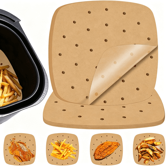 CCOCC Air Fryer Parchment Paper Liners,9"100 Pcs Perforated for Even Air Circulation; Square Unbleached Non-Stick and Disposable; Safe for Oven,Microwave,Steaming Basket