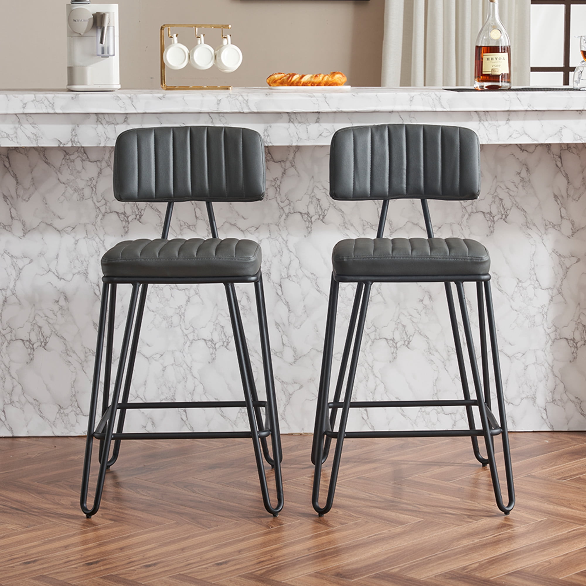 Industrial Vintage Bar Stools Set of 2 Counter Height with Grey PU Leather and Black Metal Frame Angled Backrest for Kitchen Dining