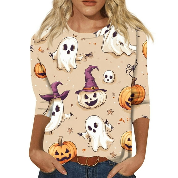 Women’s Halloween Bat Print Long Sleeve Shirt, Casual Crew Neck Loose Fit Top, Cute Purple Star Pattern Blouse for Fall Halloween Tops for Women